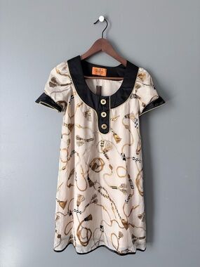 Voom by Joy Han Cream Mini Dress with Black Trim and Gold Rope Print